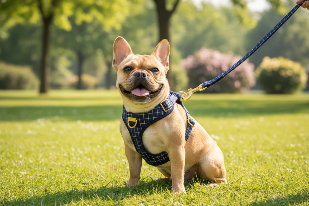 French Bulldog with Navy Harness & Lead