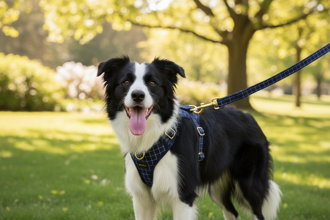 Border Collie with Navy Harness & Lead