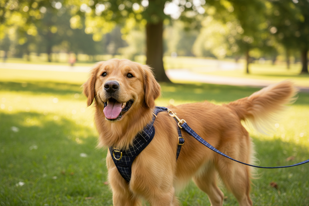 Golden Retriever with Navy Harness & Lead