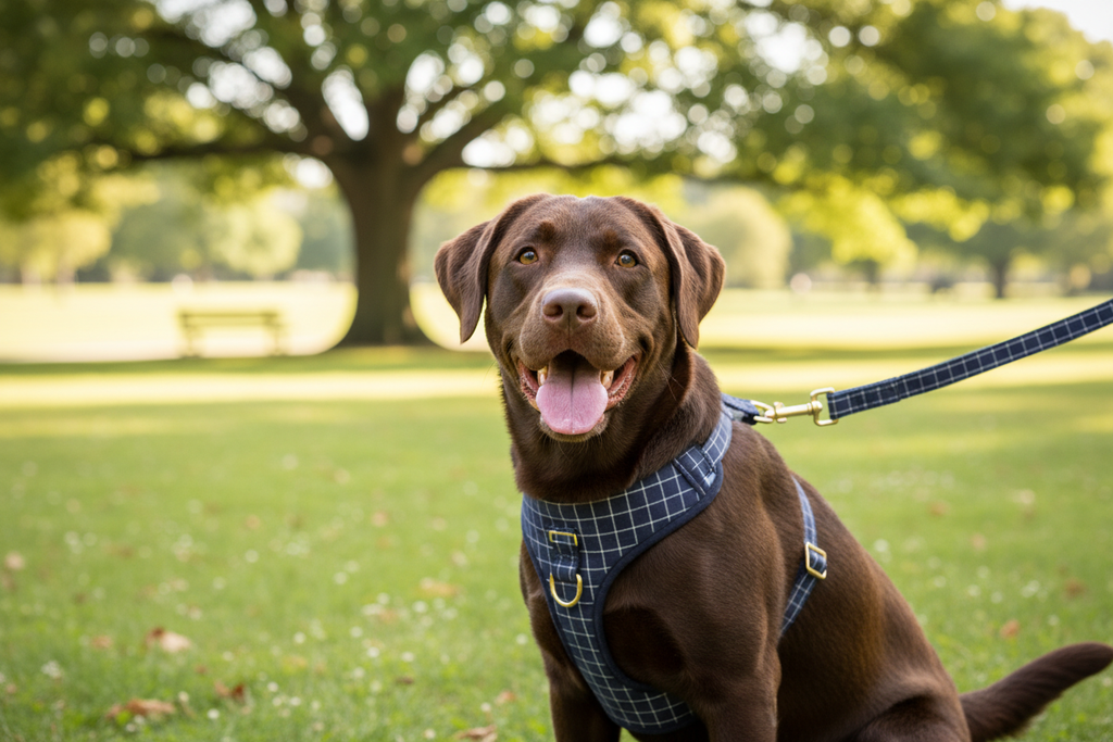 Labrador with Navy Harness & Lead